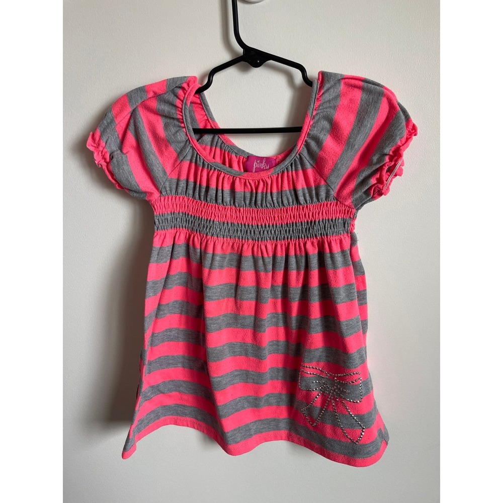 Pinky Girls Neon Pink Gray Striped Smocked Tunic Top Rhinestone Bow Size 5